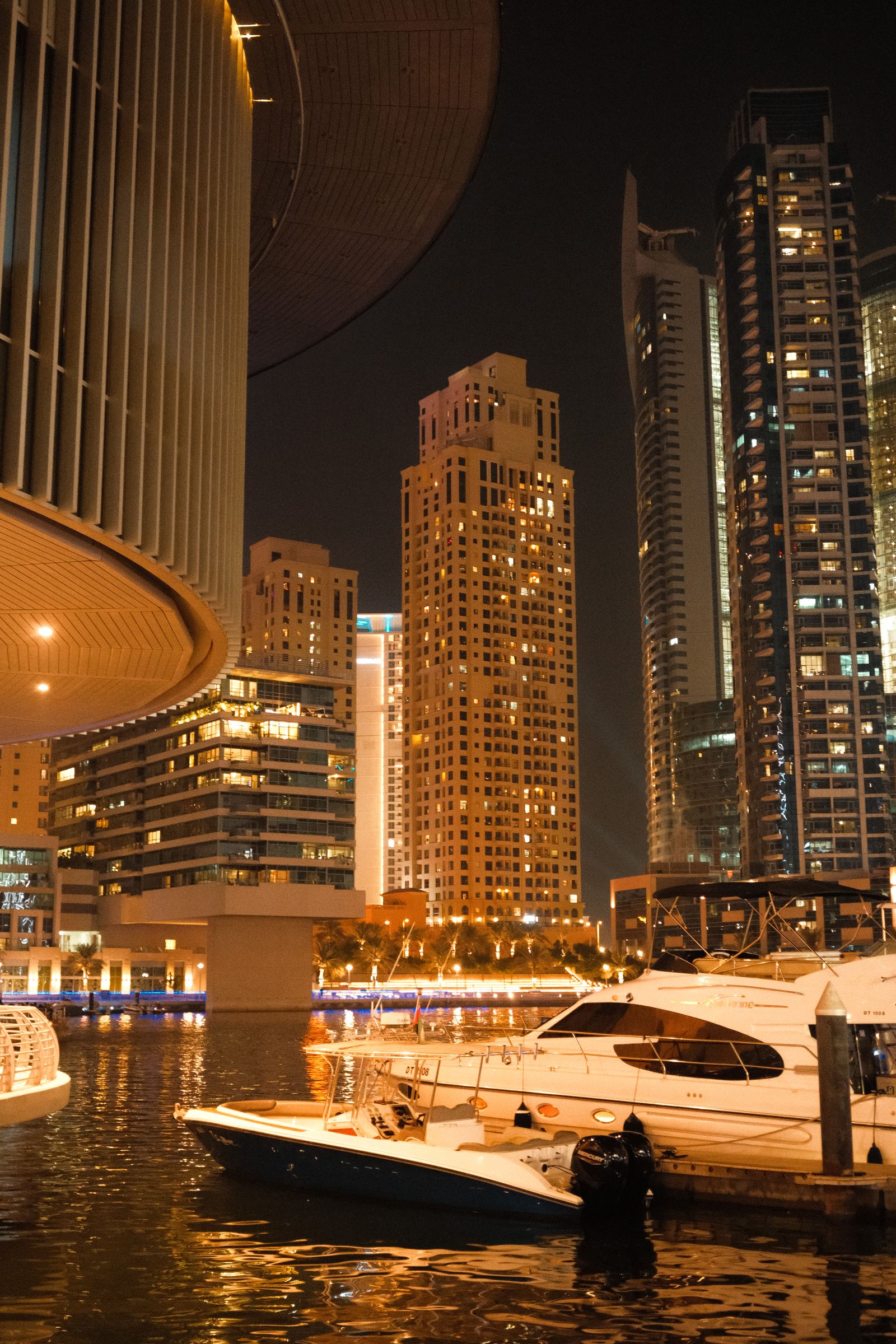 Yacht berthed at Dubai Marina at night